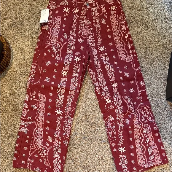 Red denim Paisley Print Pants - Picture 1 of 4